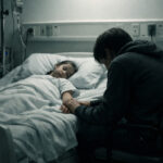 A dark hospital room. In the bed lies a small child, approximately 5 years old, under a blanket with one arm resting beside them. Next to the bed, a parent sits in a chair, leaning forward with one hand gently resting on the child’s hand. The parent’s face is obscured, but their posture conveys worry and concern.
