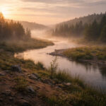 A partially formed, fog-covered river winding through a forest or meadow. Mist rises from the water, softening the edges of trees and hills. The light of early morning gently illuminates the scene, hinting at growth and potential. Some areas of the land appear incomplete—bare earth, scattered stones, or young, sparse vegetation—symbolizing things still taking shape.