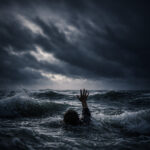 Stormy ocean with dark, churning waves, a partially submerged figure in the water with face obscured, reaching upward for help.