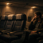 Interior of a quiet airplane at night, dimly lit with soft overhead lights. Three empty seats in a row, one seat occupied by a single adult traveler. The traveler is seated thoughtfully, relaxed but reflective, looking slightly toward the empty row. The atmosphere is calm, introspective, and contemplative, evoking the idea of small but meaningful change.