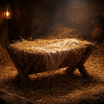 A quiet, rustic stable interior at night, empty but clearly prepared for a newborn. A simple wooden manger sits in the center, with hay gently spilling from it. Warm, soft light filters in from a nearby opening, casting gentle shadows across the wooden beams and floor. The atmosphere feels intimate, humble, and peaceful. No people are present, but the scene conveys a sense of presence, sacredness, and anticipation. The focus is on textures—the rough wood, soft hay, and warm ambient glow—evoking reflection and reverence.