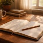 A quiet, sunlit desk with an open notebook. A pencil rests across the partially written pages. Soft, warm light streams through a nearby window, casting gentle shadows. The scene conveys reflection, thought, and creativity. There are subtle signs of life—a coffee mug off to the side, maybe a small stack of books—but no people are visible. The mood is introspective, thoughtful, and slightly nostalgic, evoking the feeling of an unfinished story waiting to be continued.