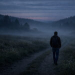 A wide, quiet landscape just before dawn. A path that winds into the distance. A lone figure walks along the path, slightly hunched but calm, their face not visible. The surroundings are open and peaceful—fields or gentle hills, with morning mist hovering low.