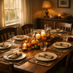 A simple Thanksgiving table with empty chairs, natural light streaming in through a window.